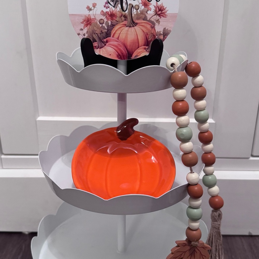 Aldi 3 Piece Tiered Tray Object Set Sign Beads and Pumpkins Dish